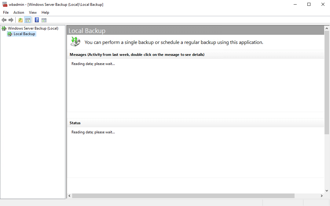 Windows Server Backup – Reading data; please wait…